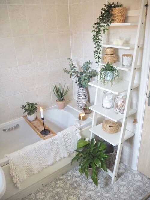 Elevate your soak with a stylish bathtub tray and rustic ladder shelf combo