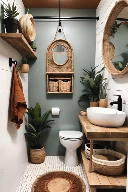 Organic modern: deep sage walls layered with nubby fiber art