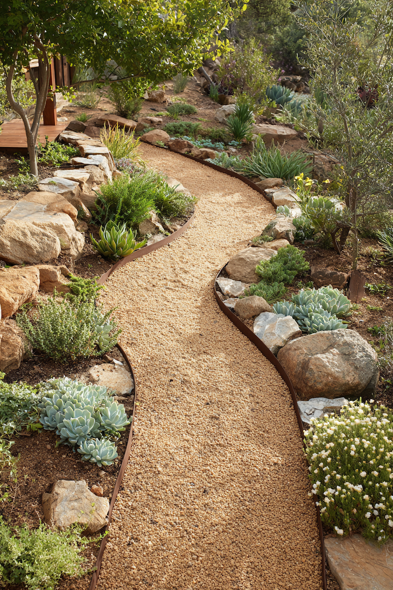 Create a low-maintenance desert oasis with a gravel path winding through drought-tolerant succulents