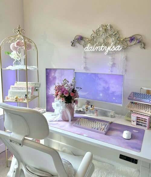 Create a serene and stylish workspace with a purple-themed desk setup