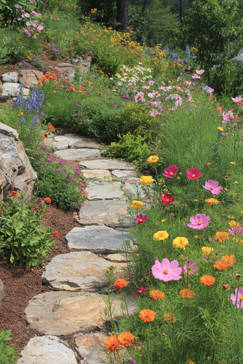 Create an enchanting garden journey with a curved stone pathway adorned with lush blooms