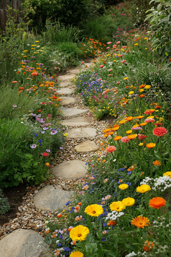 Create an enchanting garden walk with a stone pathway nestled among vibrant blooms