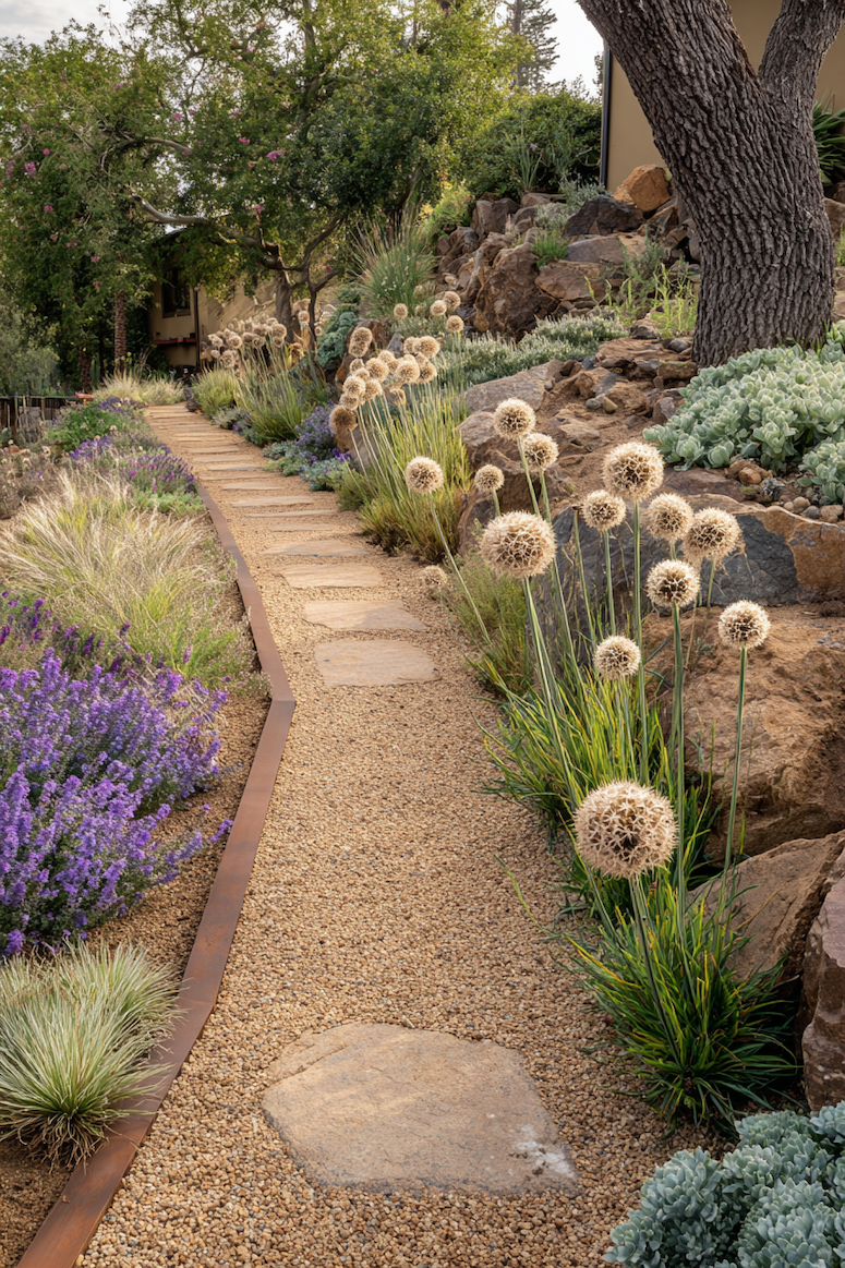 Add whimsical charm to your garden with a curved gravel path adorned with elegant alliums