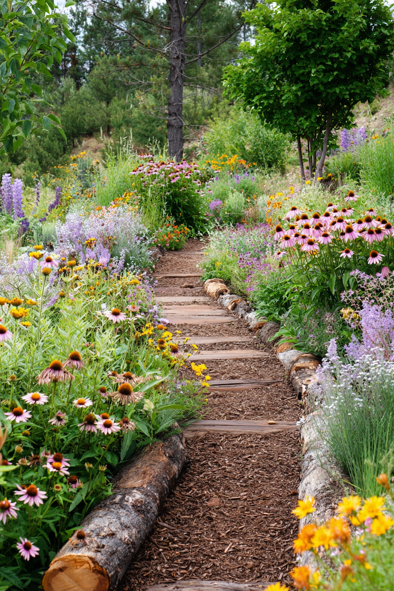 Stroll through a floral paradise with a rustic wooden pathway nestled among vibrant blooms