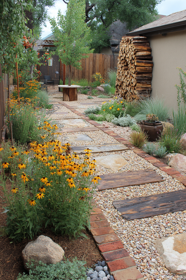 Blend natural textures with a rustic pathway combining stone and wood