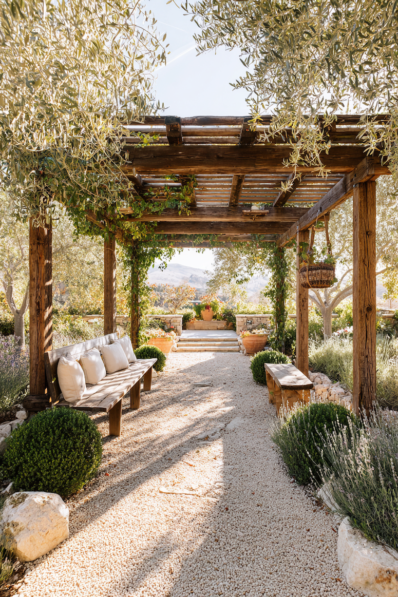Create an inviting garden retreat with a gravel pathway and rustic wooden benches