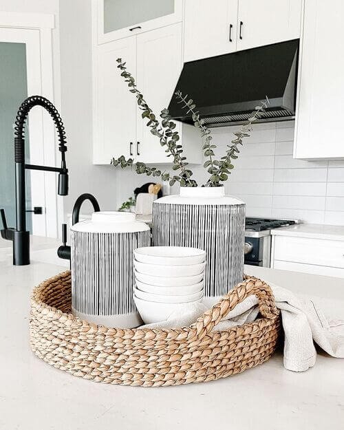 A natural blend of wicker baskets and eucalyptus