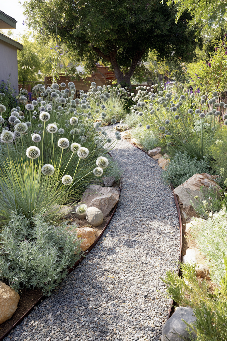 Add whimsical charm to your garden with a curved gravel path adorned with elegant alliums