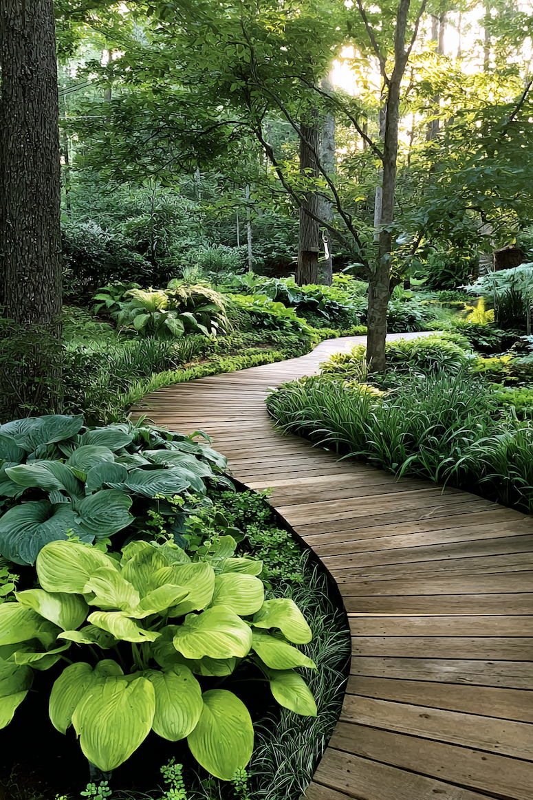 Create an enchanting garden journey with a curved wooden path winding through lush foliage
