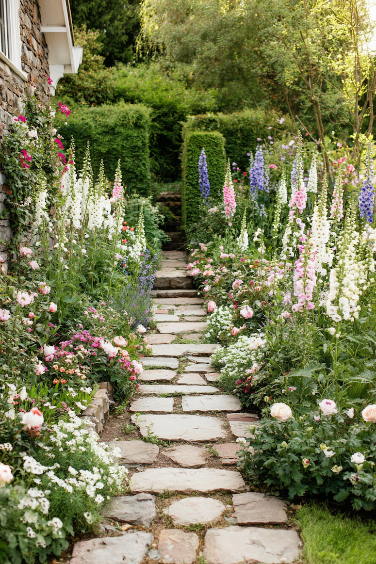 Enhance your garden's charm with a stone pathway nestled among colorful blooms