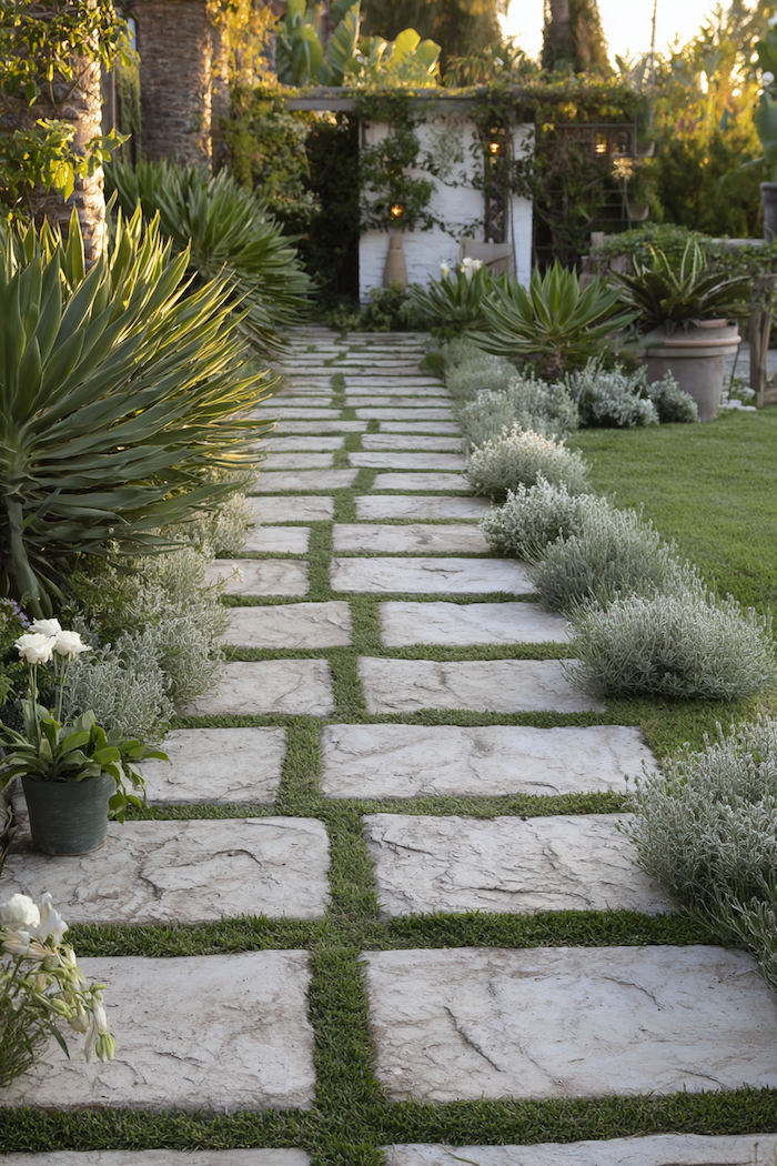 Create an enchanting garden walk with a stone pathway embraced by lush borders