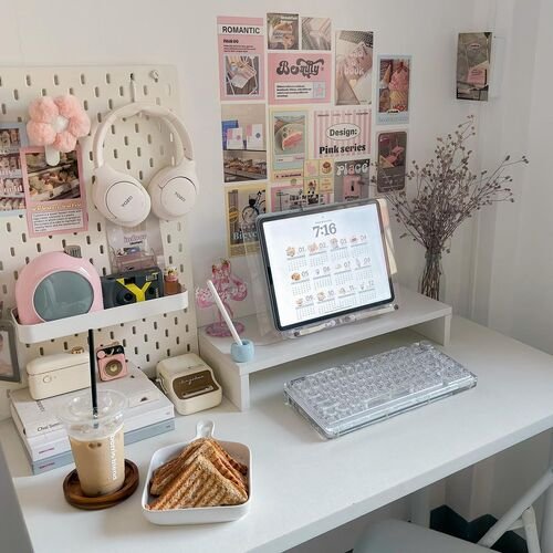 Create a serene and inviting workspace with soft pastel desk decor