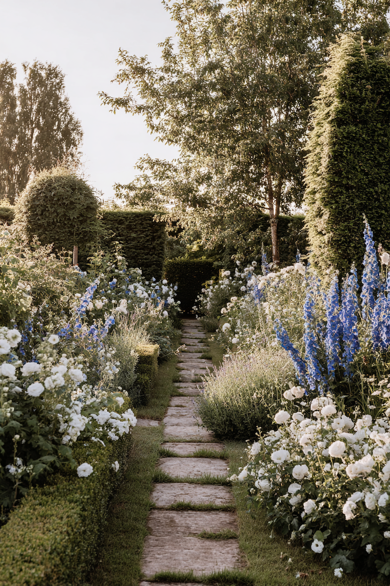 Create an enchanting garden stroll with a stone pathway framed by flourishing flowers