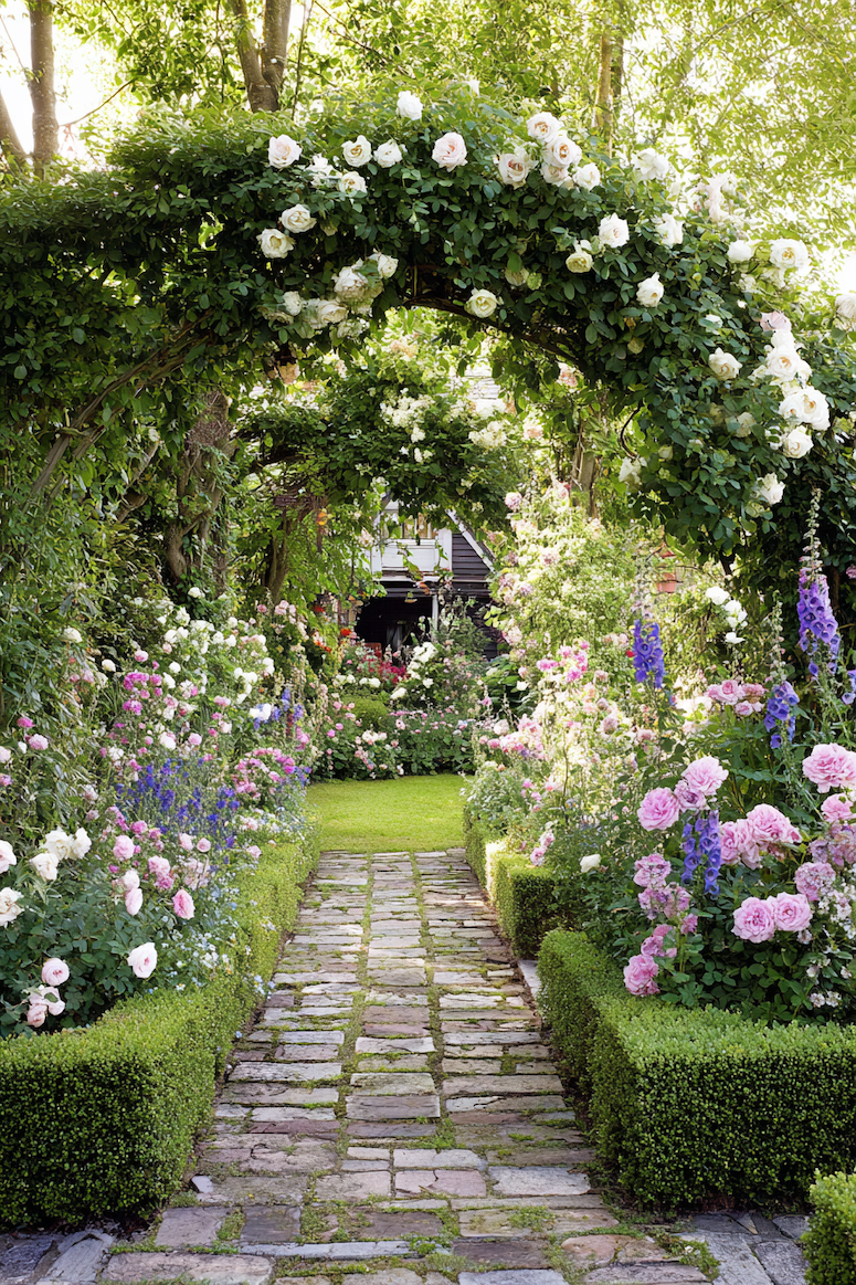 Guide your steps with a stone pathway winding through lush flowering borders