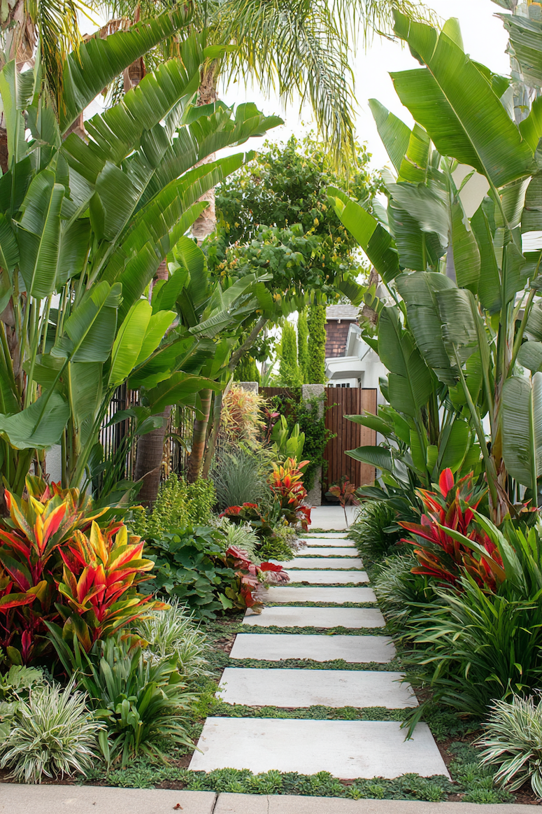 Evoke island serenity with a tropical stone pathway embraced by lush foliage