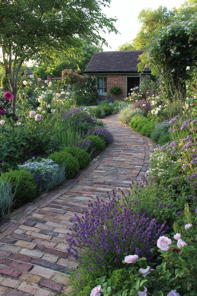 Add timeless charm to your garden with a curved brick pathway accented by fragrant lavender