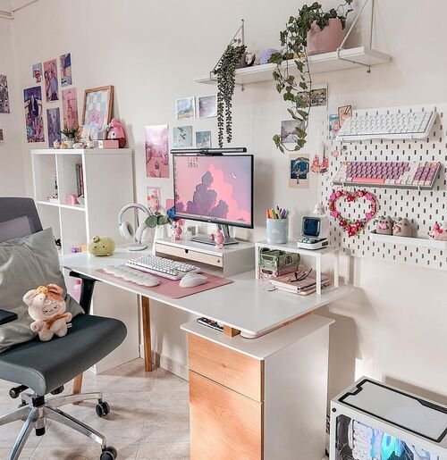 Create a dreamy and elegant workspace with white, purple, and pink desk decor