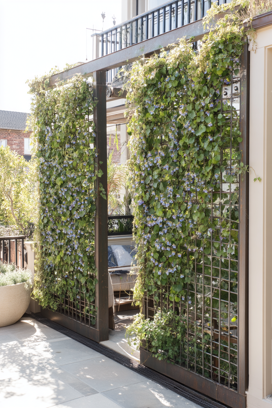 Create a serene garden accent with a lush green trellis adorned by blue blooms