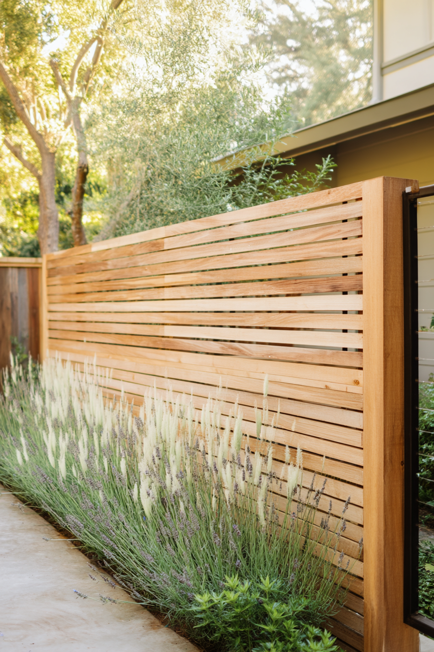 Define your space with a modern slatted wood privacy fence and lush garden