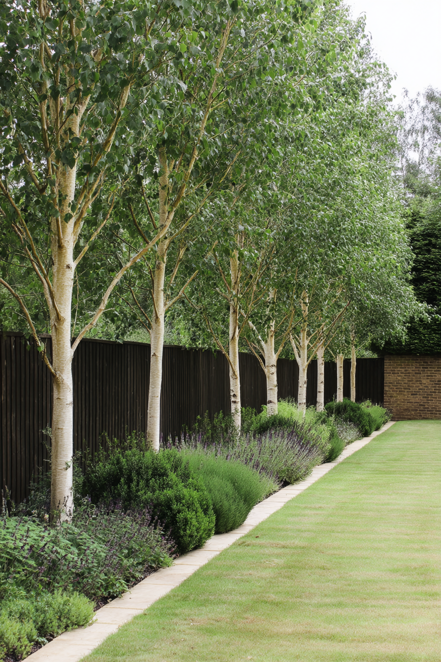 Create a tranquil landscape with serene birch trees and fragrant lavender borders