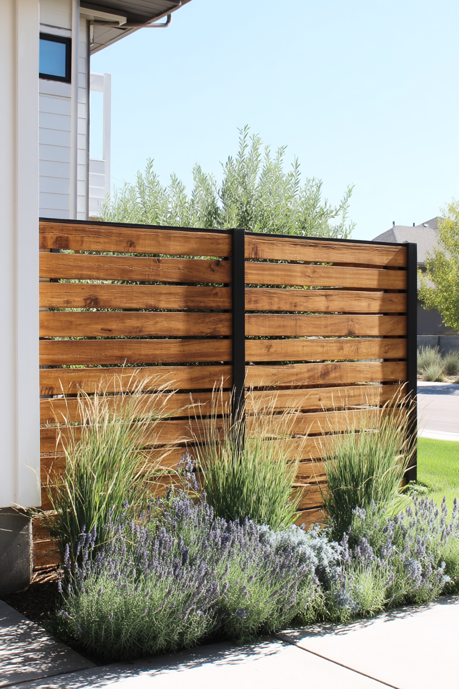 Define your space with a modern rustic screen of lavender and ornamental grass