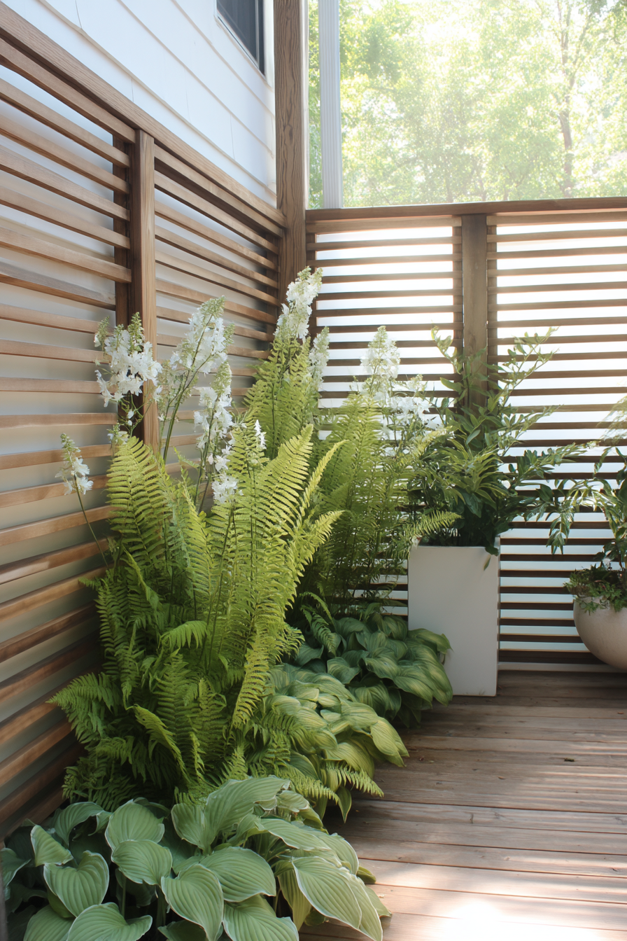 Create a serene oasis with lush greenery and modern wood screening