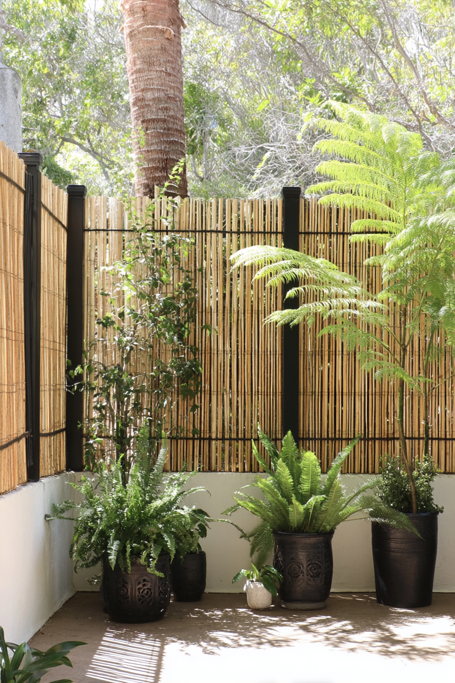 Create a serene tropical retreat with lush ferns and bamboo privacy screens