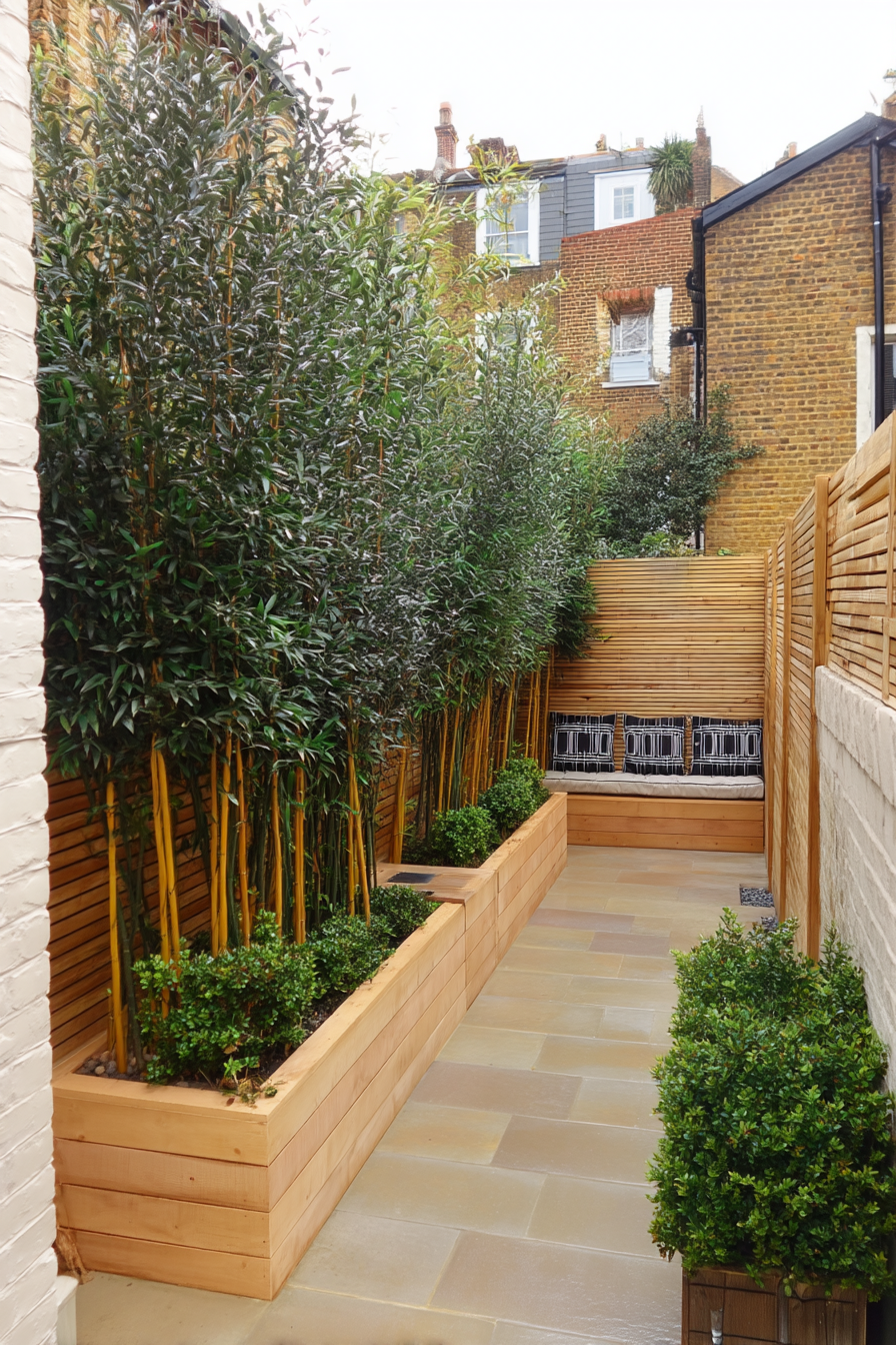 Craft a serene modern oasis with structured boxwood and elegant bamboo