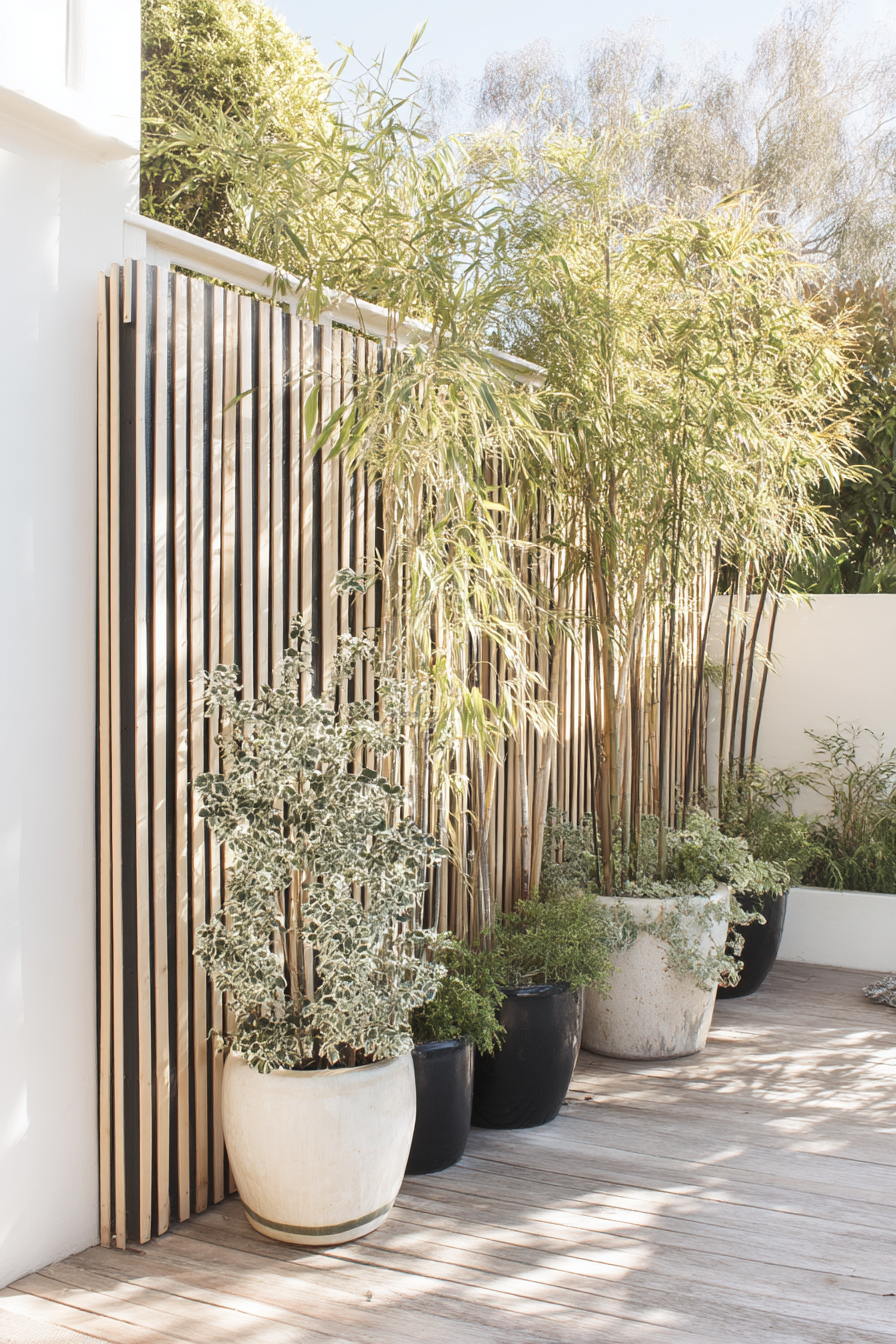 Create a serene modern escape with bamboo screens and curated potted greenery